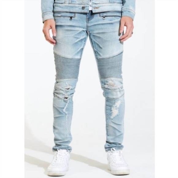 Crysp DENIM Men's Skywalker Biker Distressed Ribbed Zipper Medium Wash Slim Jean - Picture 1 of 16
